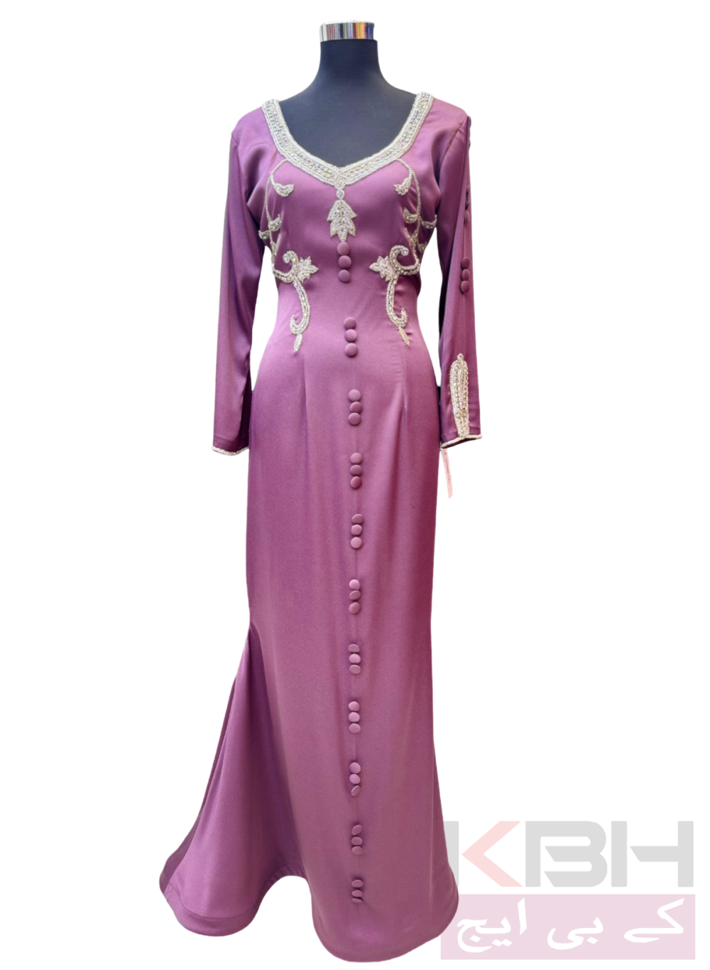 Plum Purple Long Gown with Silver Embellishments and Button Detailing