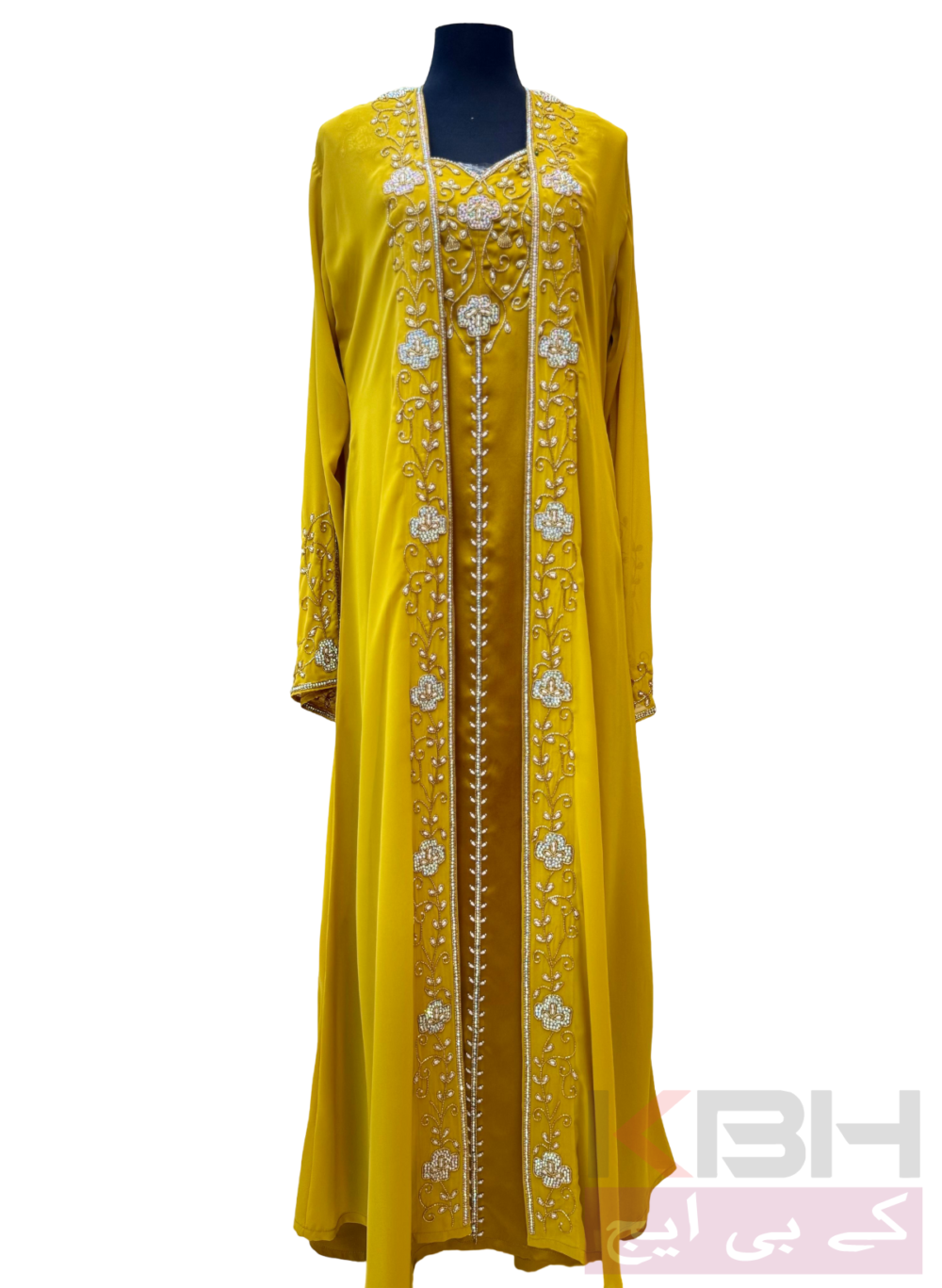 Mustard Yellow Embroidered Long Gown with Intricate Beading